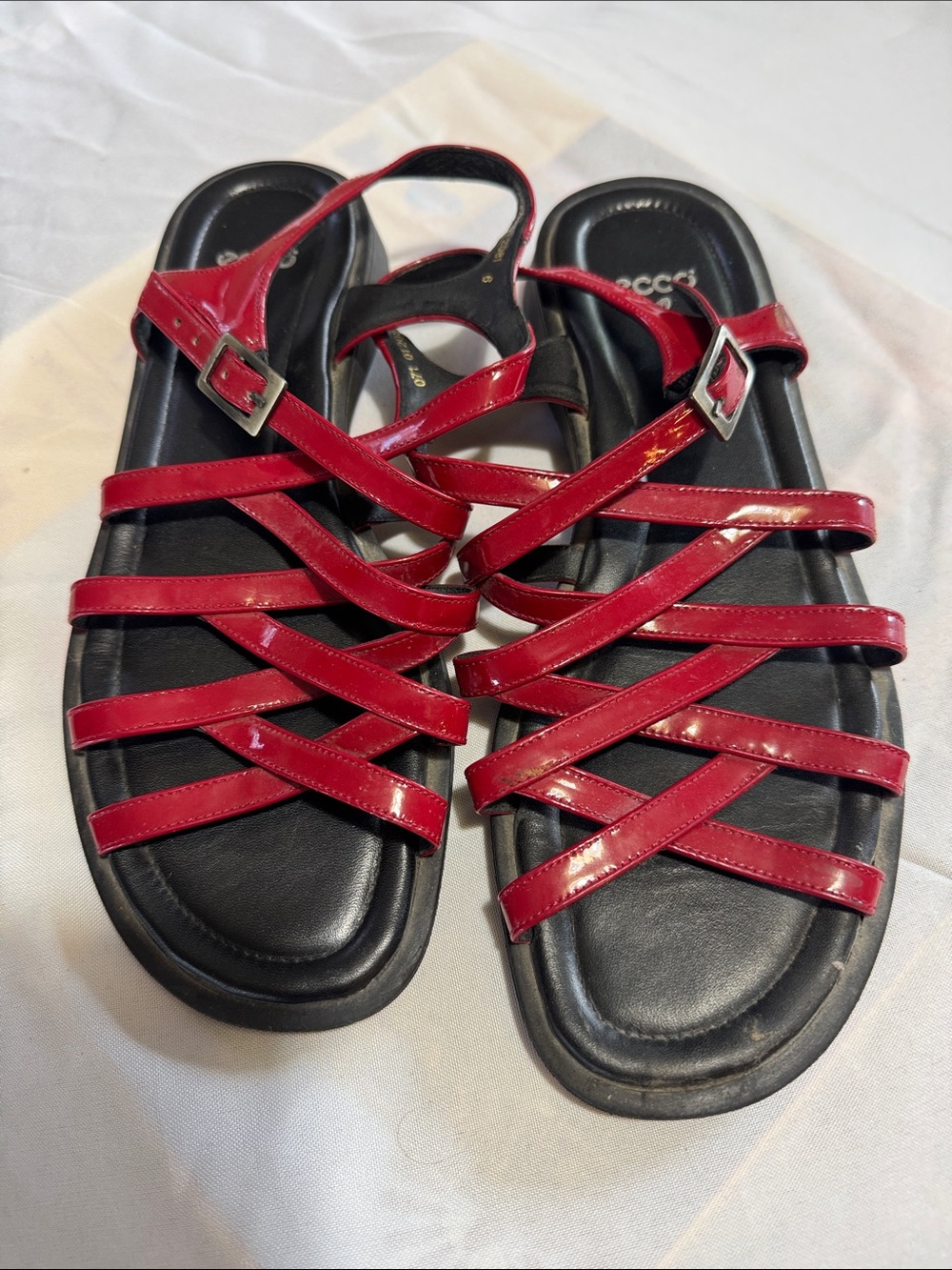 Ecco Red Multi-Strap Leather Slide Sandals with Black Footbed